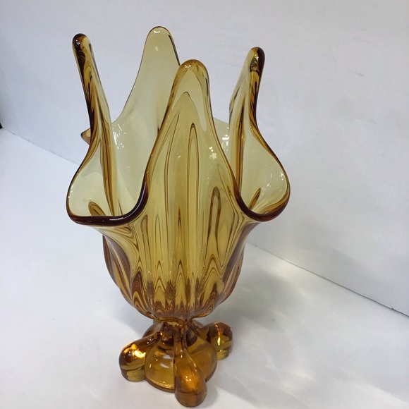 Vintage MCM 8” Viking Glass Amber Swung Stretch 4 Finger Footed Pedestal… - Picture 3 of 12